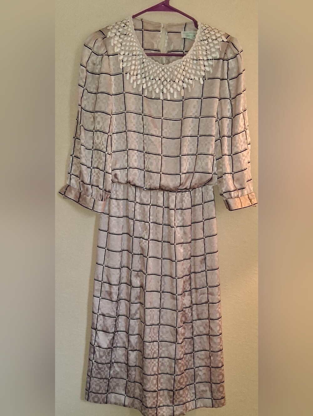 Vintage Long Sleeve Checked Midi Dress - Blush Pink
